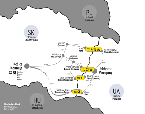 Карта пунктов пересечения границы из Украины в Словакию.